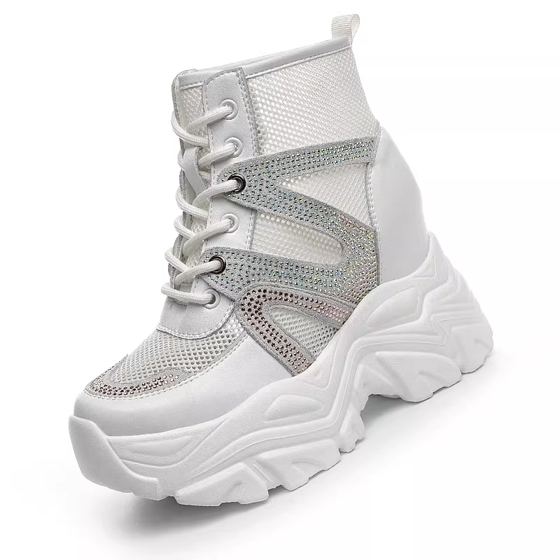 Women Pumps Summer New Slim 11 CM Height Increasing Platform Bling Crystals Breathable Mesh Genuine Leather Ladies Casual Sneakers 60207