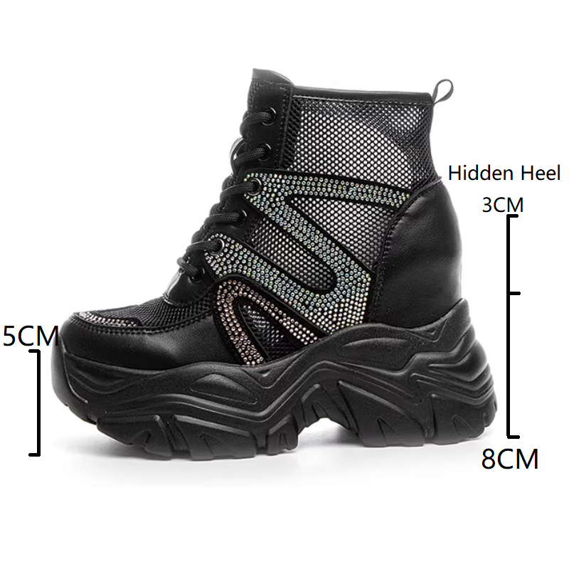 Women Pumps Summer New Slim 11 CM Height Increasing Platform Bling Crystals Breathable Mesh Genuine Leather Ladies Casual Sneakers 60207