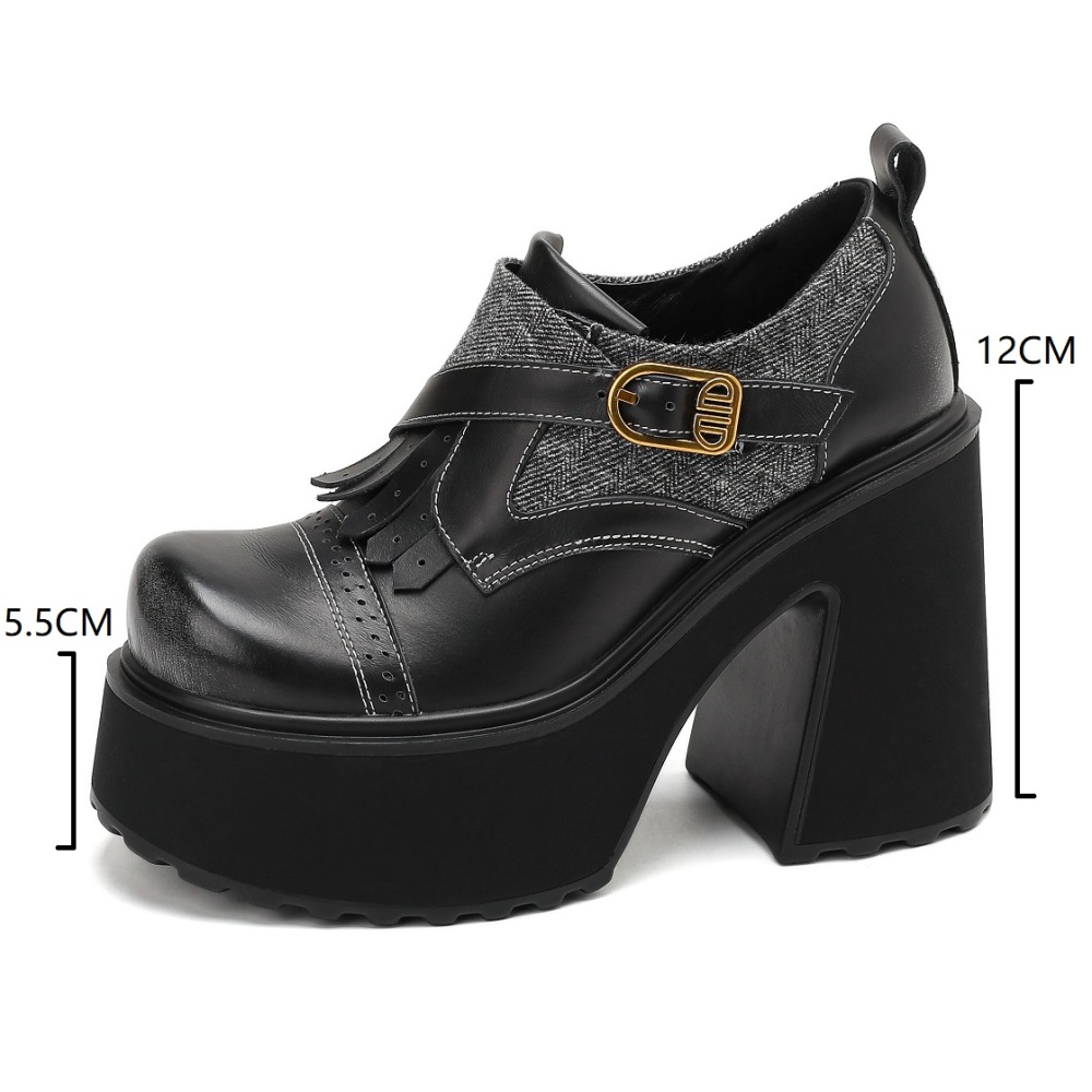 12 CM Super High Heel Retro British Style Platform Loafers Wipe Color Genuine Leather Canvas Patchwork Belt Buckle Tassel Casual Wedge Shoes Spring Autumn New Arrival 60207