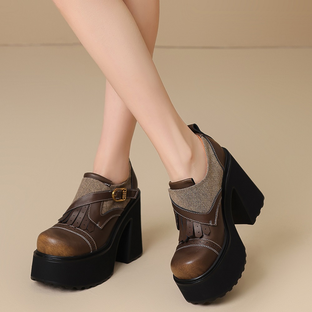 12 CM Super High Heel Retro British Style Platform Loafers Wipe Color Genuine Leather Canvas Patchwork Belt Buckle Tassel Casual Wedge Shoes Spring Autumn New Arrival 60207