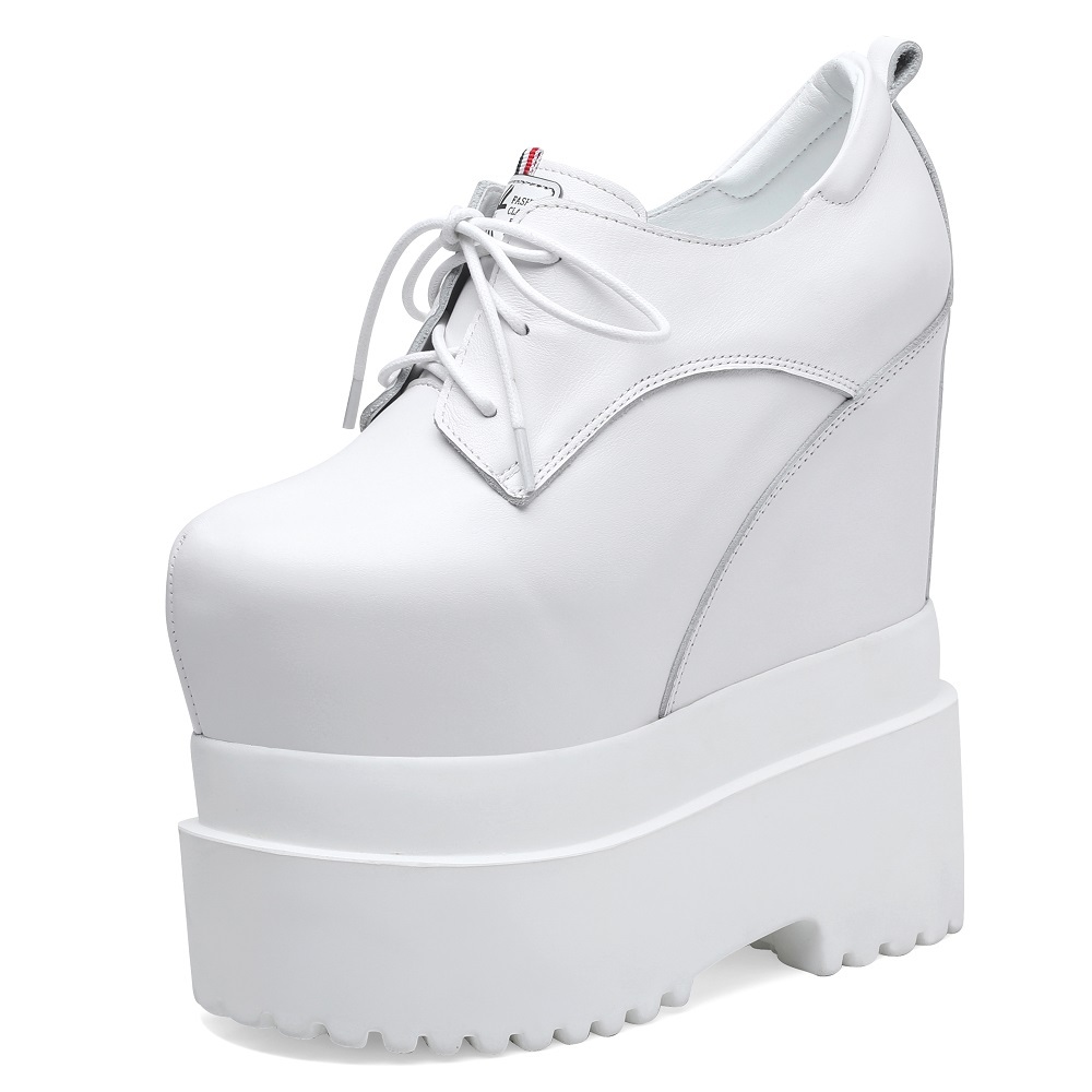 Spring Autumn New Slim 18 CM High Heels Height Increasing Platform White Lace-Up Genuine Leather Women Modern Pumps 60209