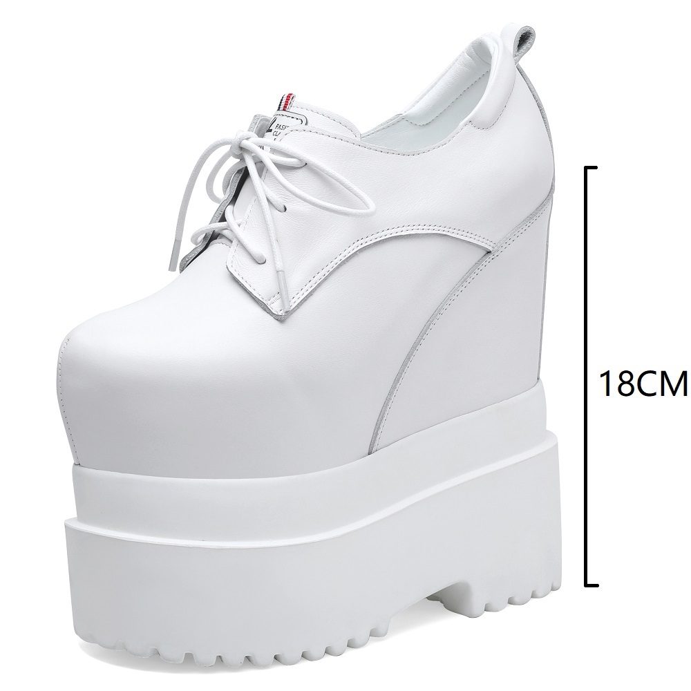 Spring Autumn New Slim 18 CM High Heels Height Increasing Platform White Lace-Up Genuine Leather Women Modern Pumps 60209