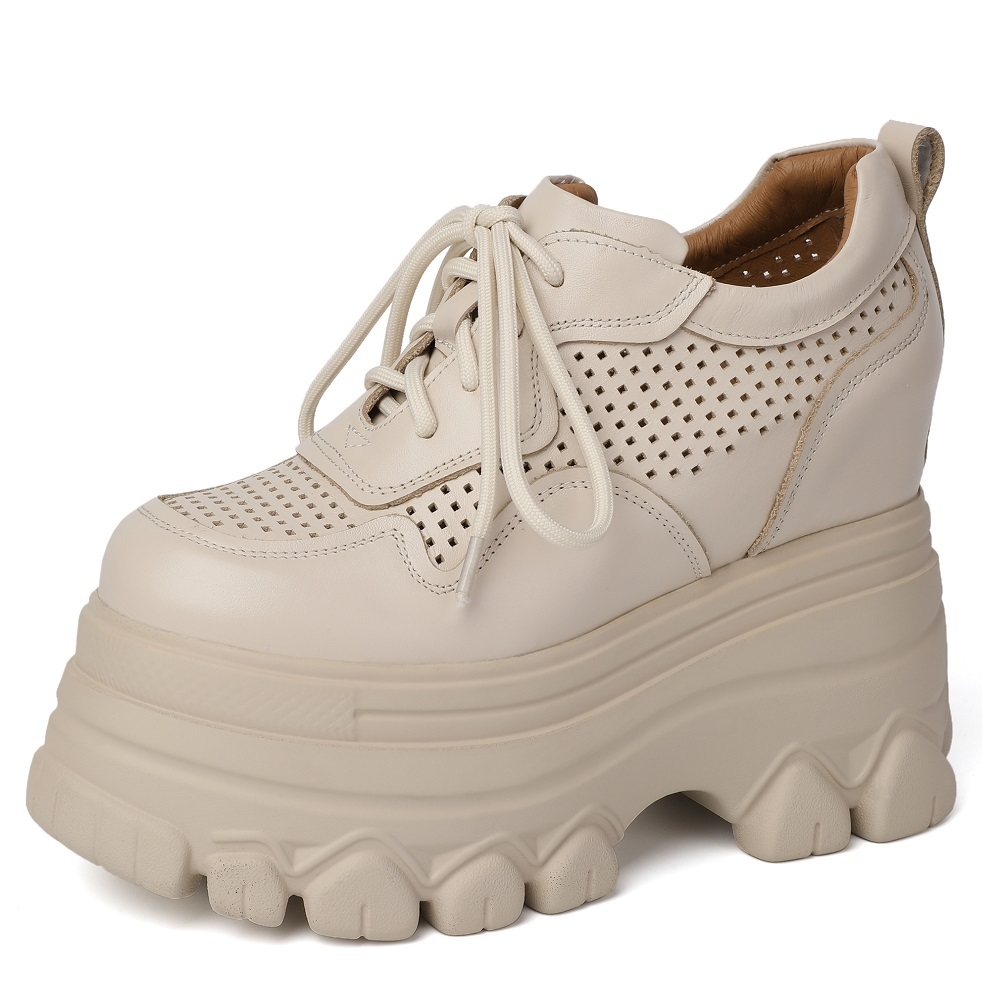 Spring Autumn New Slim 12 CM High Heels Wedges Platform Hollow Out Cross-tied Genuine Leather Women Casual Sneakers Shoes 60209