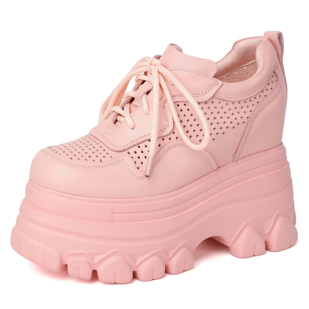 Spring Autumn New Slim 12 CM High Heels Wedges Platform Hollow Out Cross-tied Genuine Leather Women Casual Sneakers Shoes 60209