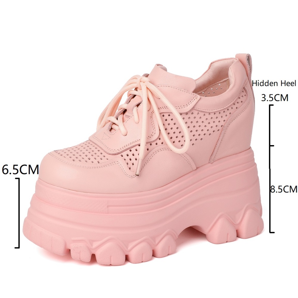 Spring Autumn New Slim 12 CM High Heels Wedges Platform Hollow Out Cross-tied Genuine Leather Women Casual Sneakers Shoes 60209