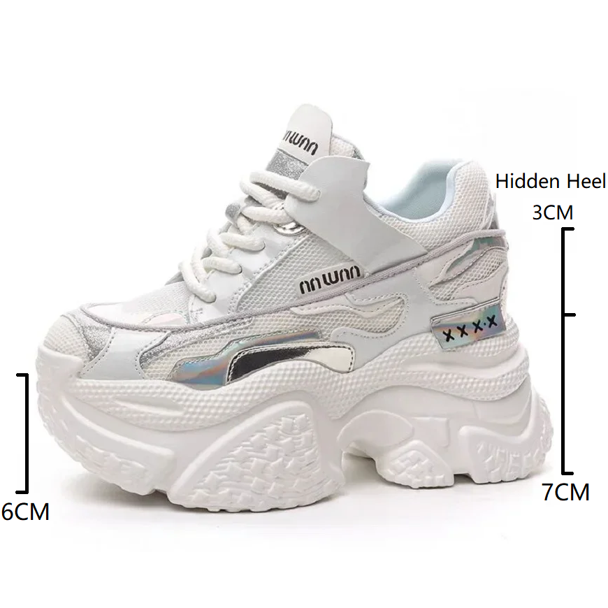 Korean Style New Slim 10 CM Height Increasing Platform Bling Lace-Up Mesh Patchwork Genuine Leather Women Casual Sneakers Shoes 60209