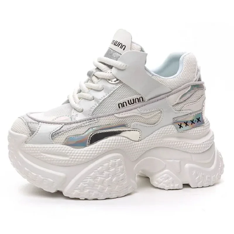 Korean Style New Slim 10 CM Height Increasing Platform Bling Lace-Up Mesh Patchwork Genuine Leather Women Casual Sneakers Shoes 60209