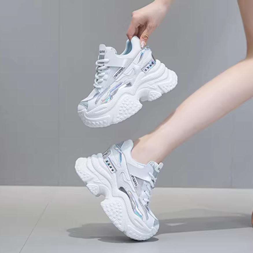 Korean Style New Slim 10 CM Height Increasing Platform Bling Lace-Up Mesh Patchwork Genuine Leather Women Casual Sneakers Shoes 60209