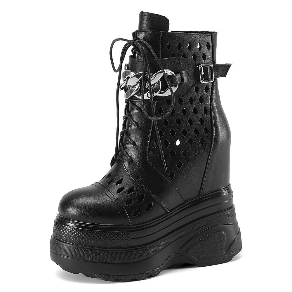 Summer New Slim 16 CM Height Increasing Platform Chic Metal Chain Belt Buckle Zipper Genuine Leather Cut Out Women Ankle Short Modern Boots 60206
