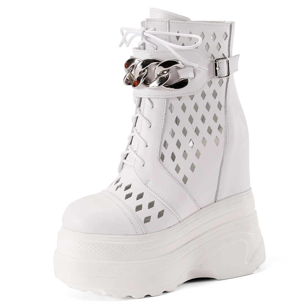 Summer New Slim 16 CM Height Increasing Platform Chic Metal Chain Belt Buckle Zipper Genuine Leather Cut Out Women Ankle Short Modern Boots 60206