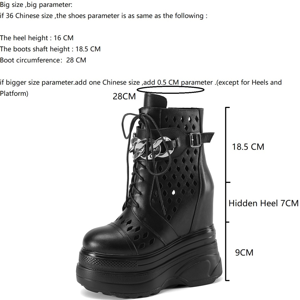 Summer New Slim 16 CM Height Increasing Platform Chic Metal Chain Belt Buckle Zipper Genuine Leather Cut Out Women Ankle Short Modern Boots 60206