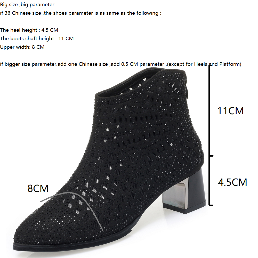 Summer New Fashion 15.5 CM Thick Heels Pointed Toe Crystal Cut Out Bling Flowers Patent Leather Women Ankle Short Modern Boots 60209