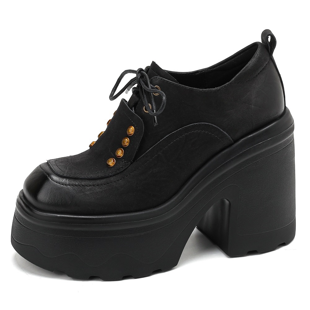 Genuine Leather Lace-up Retro British Style Women's Pumps 12 CM Block Heel Platform Rivets Scratched Leather Spring and Autumn Shoes 60210
