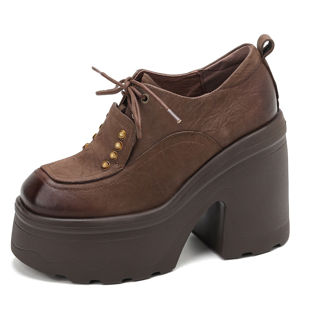 Genuine Leather Lace-up Retro British Style Women's Pumps 12 CM Block Heel Platform Rivets Scratched Leather Spring and Autumn Shoes 60210