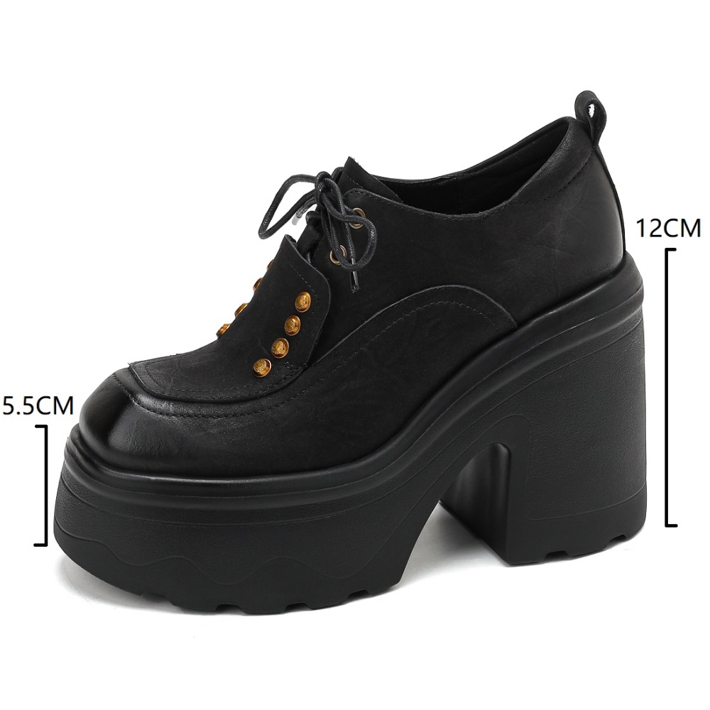 Genuine Leather Lace-up Retro British Style Women's Pumps 12 CM Block Heel Platform Rivets Scratched Leather Spring and Autumn Shoes 60210