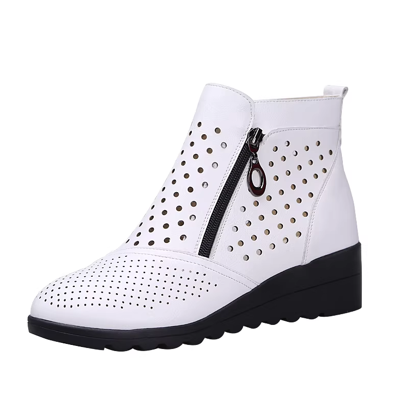 Spring Autumn Women Genuine Leather Round Toe Cut Out Wedge High Heels Shoes Thick Warm For Winter Concise Short Boots 230302