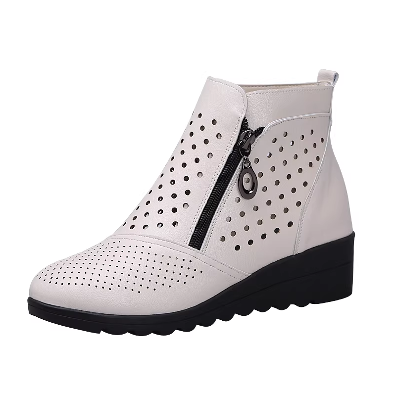 Spring Autumn Women Genuine Leather Round Toe Cut Out Wedge High Heels Shoes Thick Warm For Winter Concise Short Boots 230302