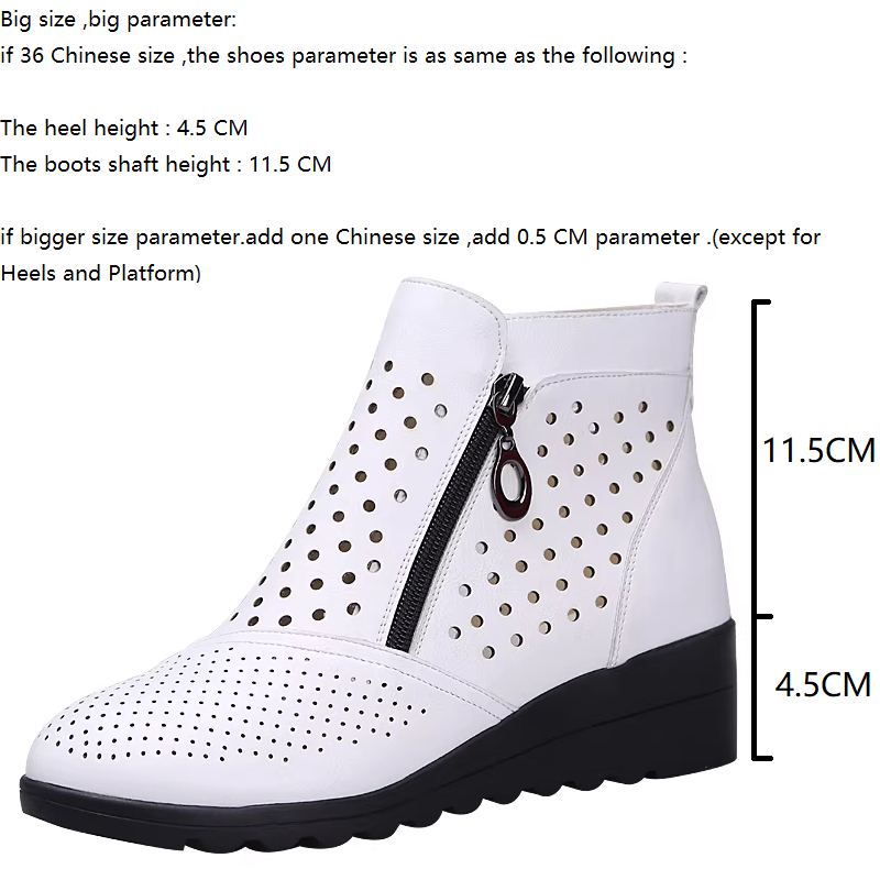 Spring Autumn Women Genuine Leather Round Toe Cut Out Breathable Side Zipper Wedge 4.5 CM High Heels Shoes Concise Short Boots 60210