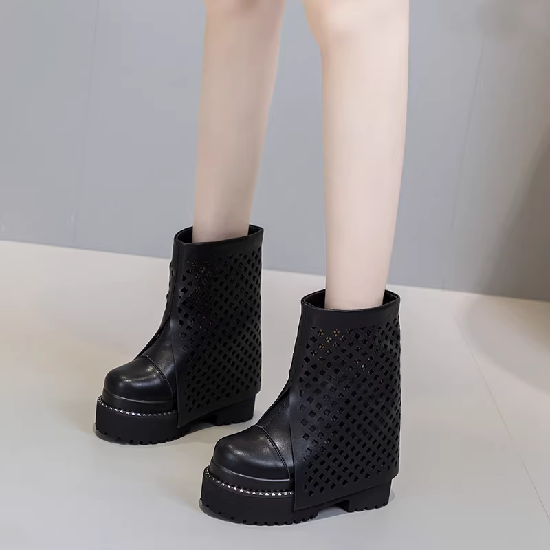Summer New Fashion Slim 12 CM Height Increasing Platform Cut Out Slip On Genuine Leather Women Ankle Short Modern Trouser Boots 60210