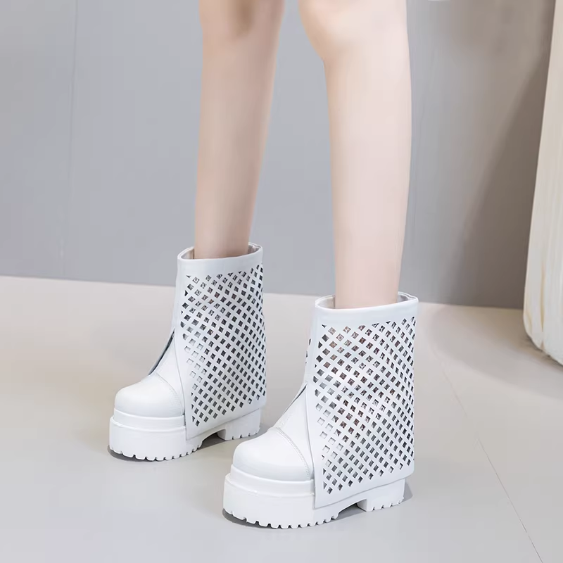 Summer New Fashion Slim 12 CM Height Increasing Platform Cut Out Slip On Genuine Leather Women Ankle Short Modern Trouser Boots 60210