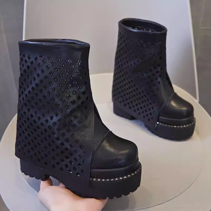 Summer New Fashion Slim 12 CM Height Increasing Platform Cut Out Slip On Genuine Leather Women Ankle Short Modern Trouser Boots 60210