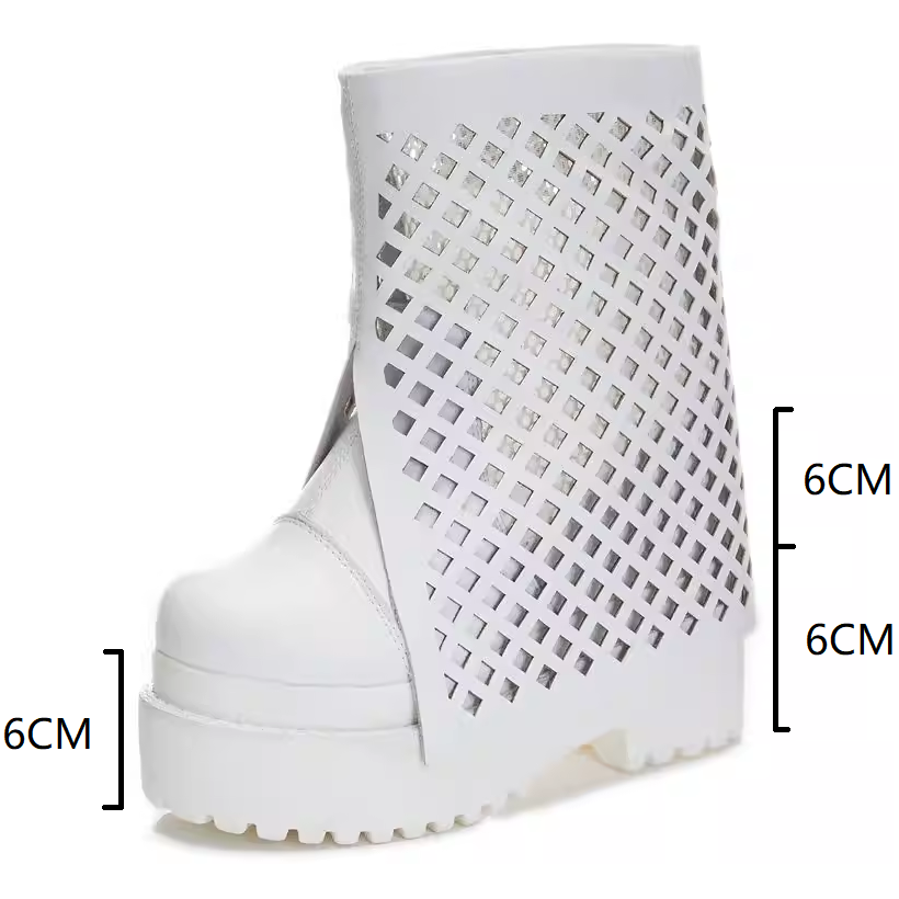 Summer New Fashion Slim 12 CM Height Increasing Platform Cut Out Slip On Genuine Leather Women Ankle Short Modern Trouser Boots 60210