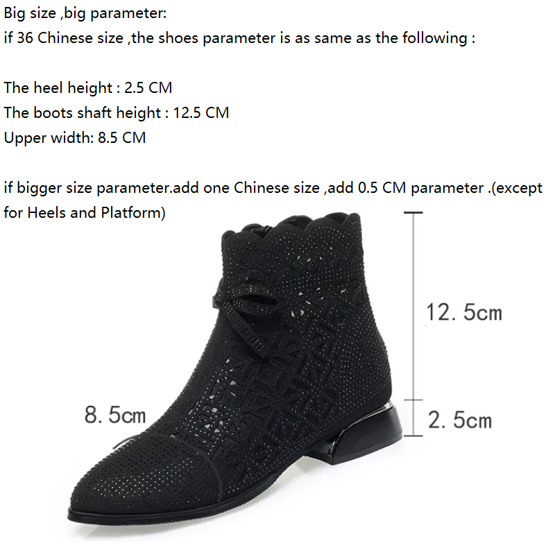 Spring Autumn Women New Arrival Pointed Toe Cut Out 2.5 CM Square Heels Pumps Crystals Butterfly-knot Breathable Short Boots 60210