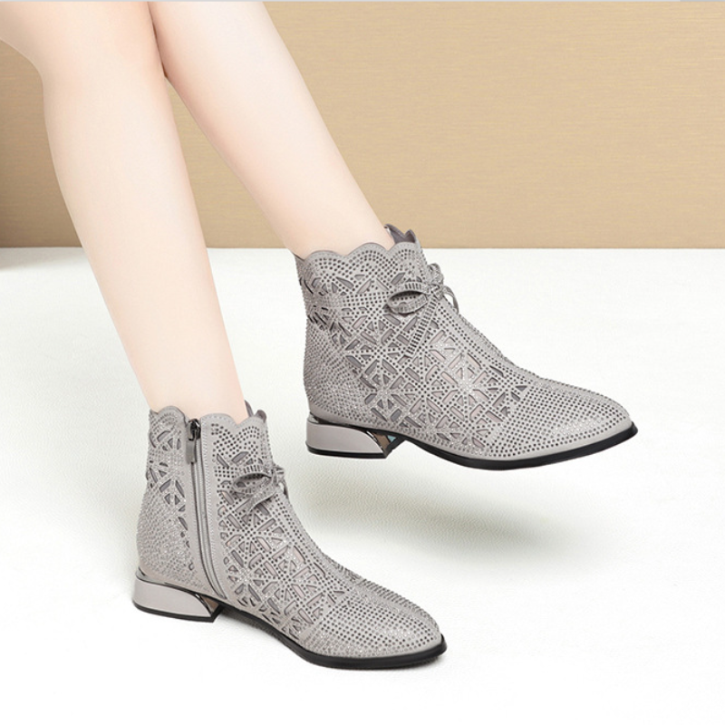 Spring Autumn Women New Arrival Pointed Toe Cut Out 2.5 CM Square Heels Pumps Crystals Butterfly-knot Breathable Short Boots 60210