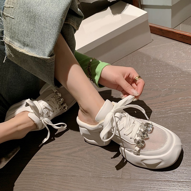 Summer New Fashion 5 CM Thick Bottom Platform Crystals Cut Out Mesh Patchwork Genuine Leather Lace Up Women Modern Slip On Slippers 60210
