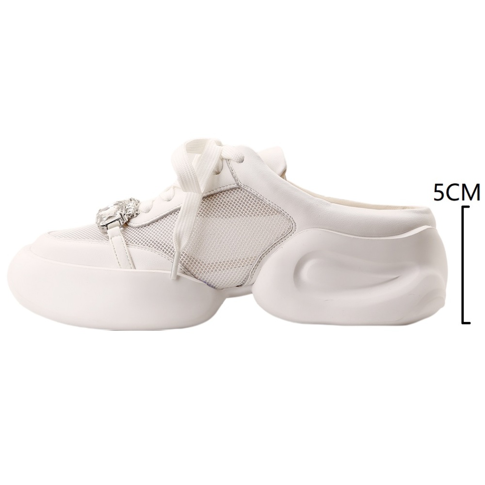 Summer New Fashion 5 CM Thick Bottom Platform Crystals Cut Out Mesh Patchwork Genuine Leather Lace Up Women Modern Slip On Slippers 60210