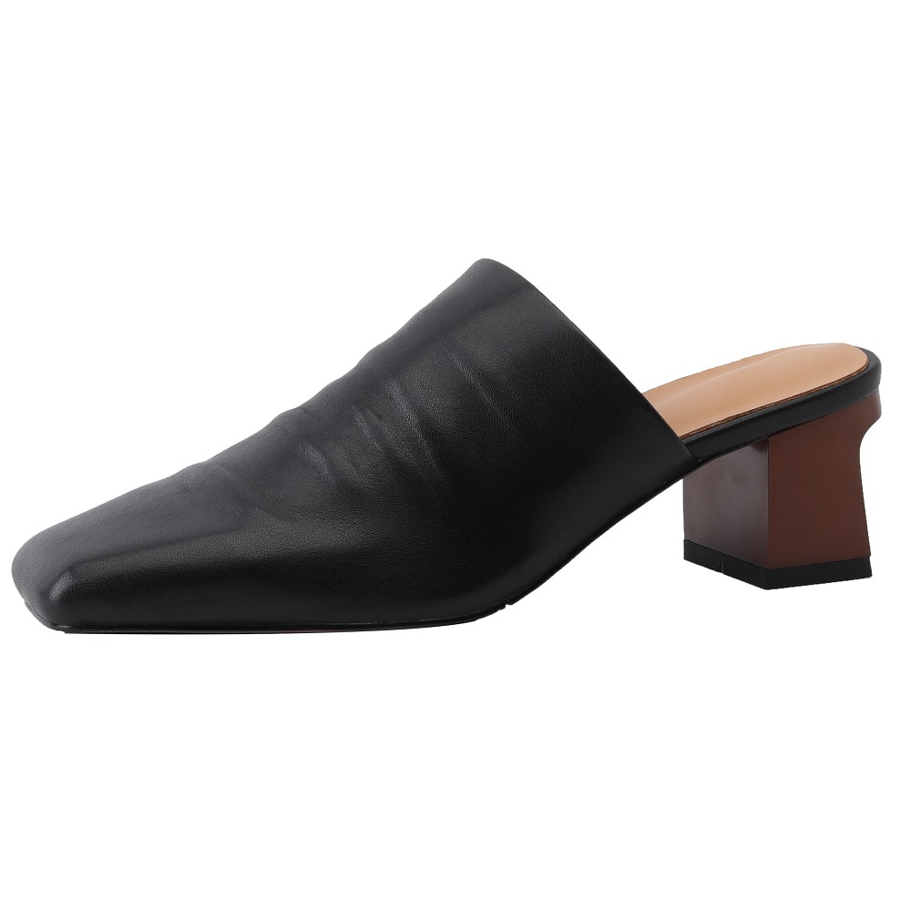 Summer New Outside Leisure 5 CM Block Heels Square Toe Cap Pleated Concise Genuine Leather Women Modern Fashion Slippers 60210