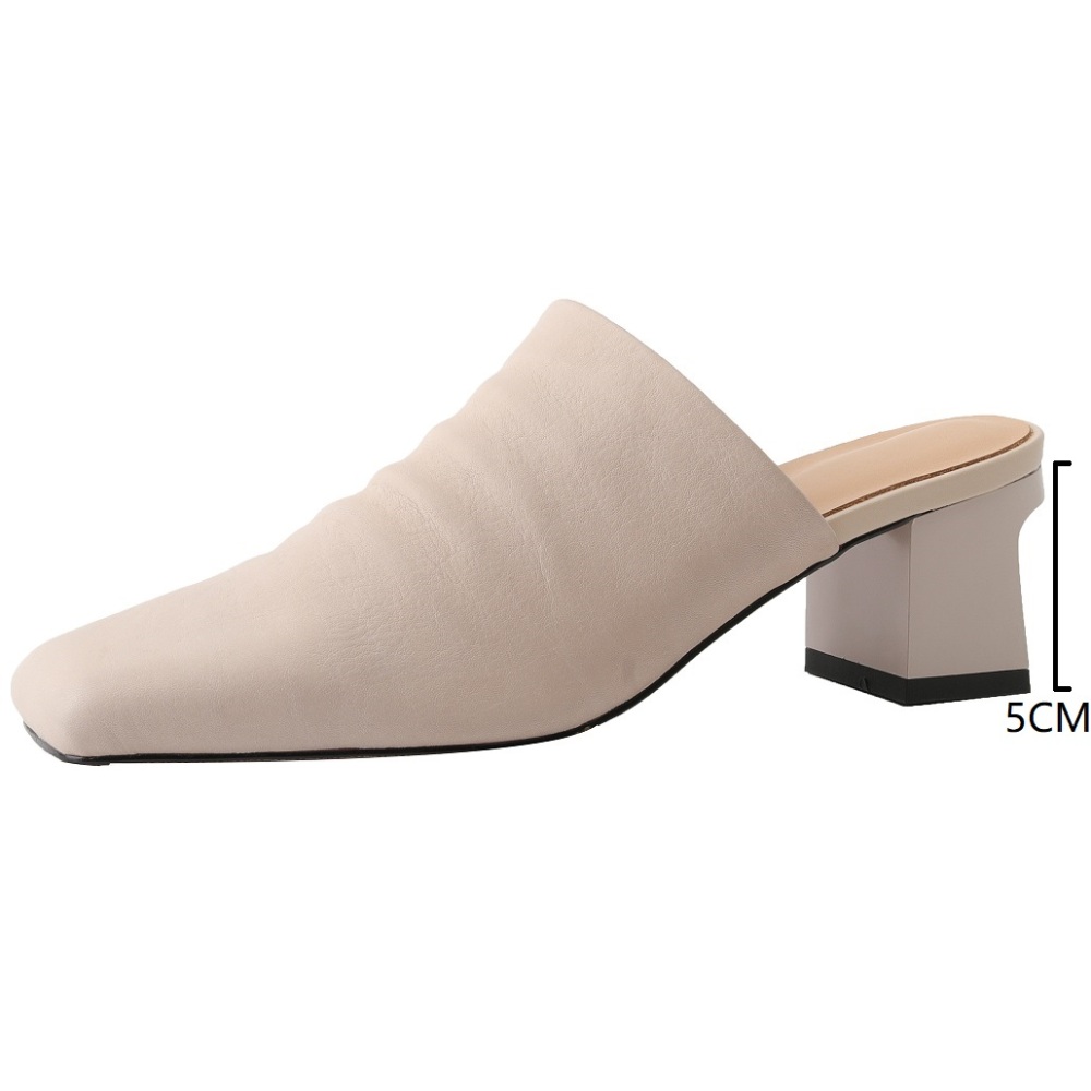 Summer New Outside Leisure 5 CM Block Heels Square Toe Cap Pleated Concise Genuine Leather Women Modern Fashion Slippers 60210