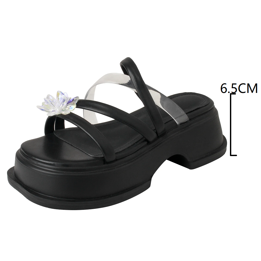 Summer New Fashion Slim Thick Bottom Peep Toe Cut Out Narrow Band Flowers Patent Leather Women Modern Gladiator Slippers 60210