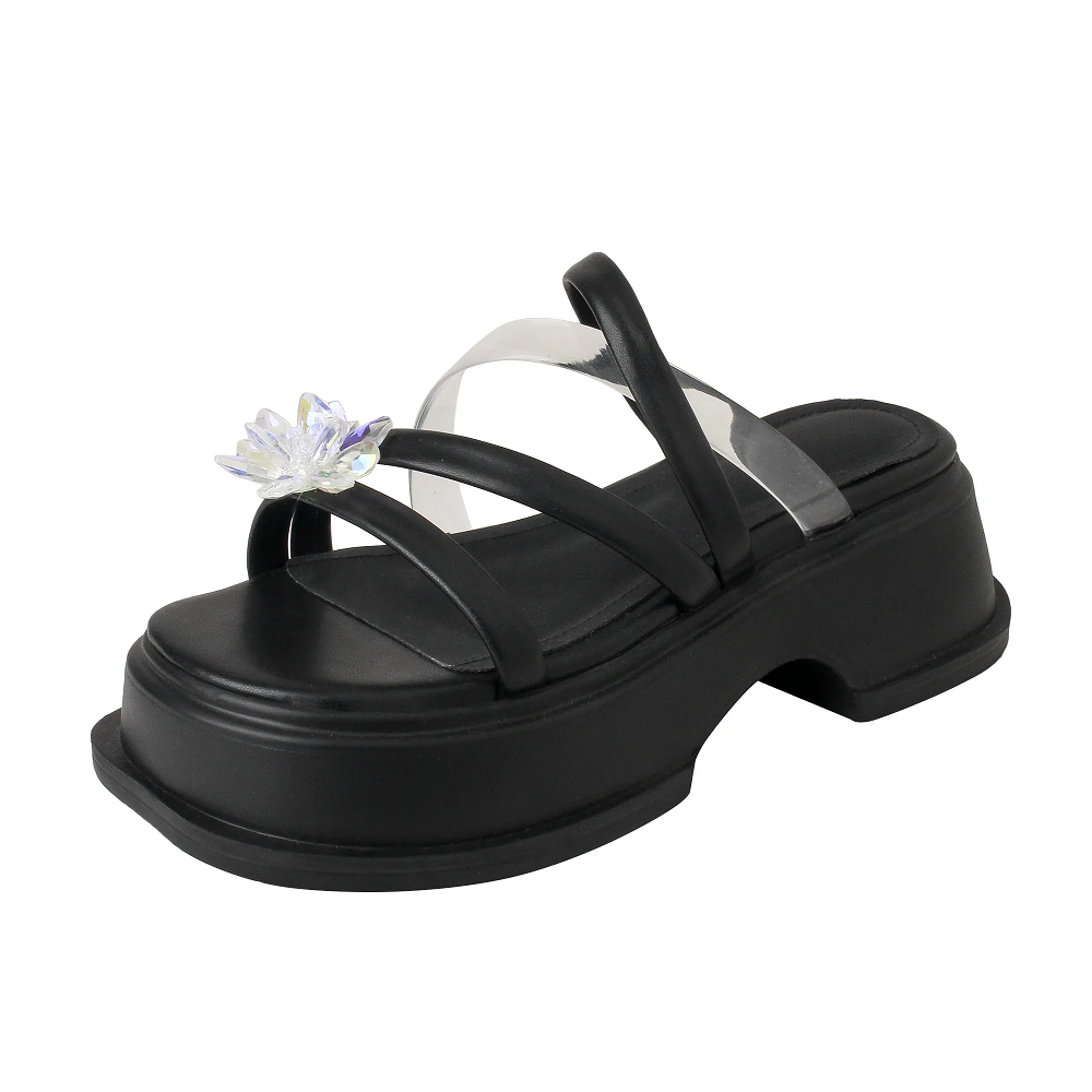 Summer New Fashion Slim 6.5 CM Thick Bottom Peep Toe Cut Out Narrow Band Crystals Flowers Patent Leather Square Toe Women Modern Gladiator Slippers 60210