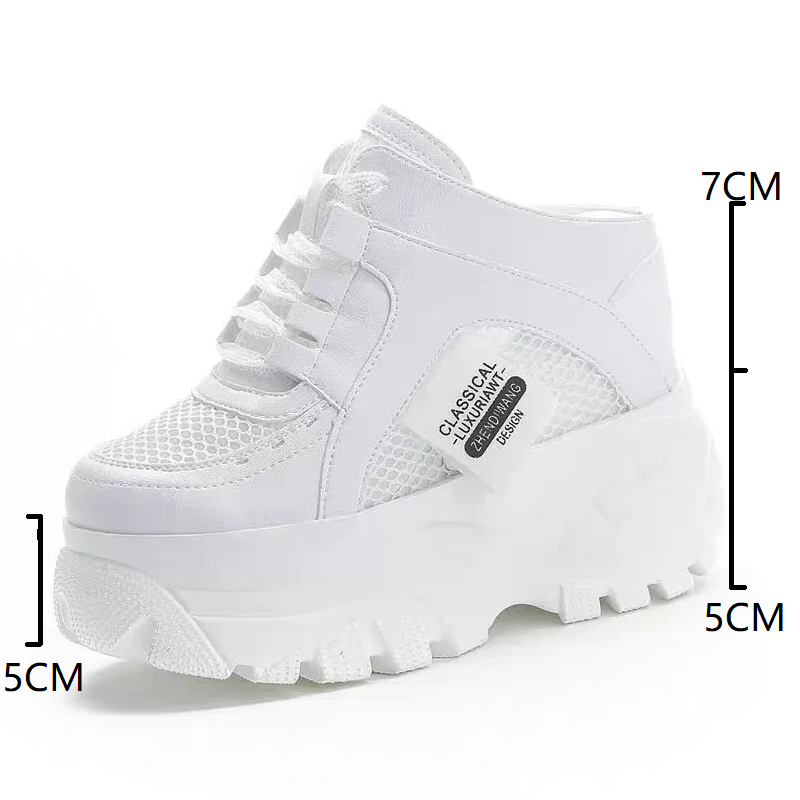 Summer New Korean Style Slim 12 CM Height Increasing Platform Round Toe Hollow Out Mesh Genuine Leather Women Modern Slippers 60210