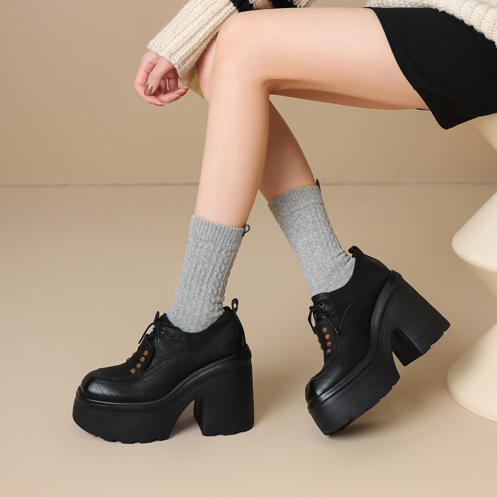 Genuine Leather Lace-up Retro British Style Women's Pumps 12 CM Block Heel Platform Rivets Scratched Leather Spring and Autumn Shoes 60210