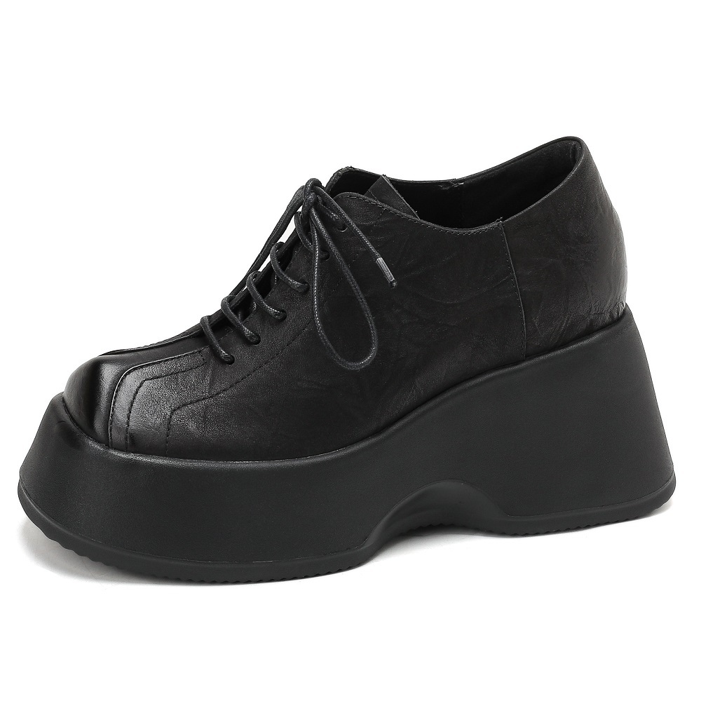Women's Genuine Leather Lace-up 10 CM Platform Wedge Oxford Shoes Sewn Craft Minimalist Versatile Square Toe Casual Commute Single Shoes 60211