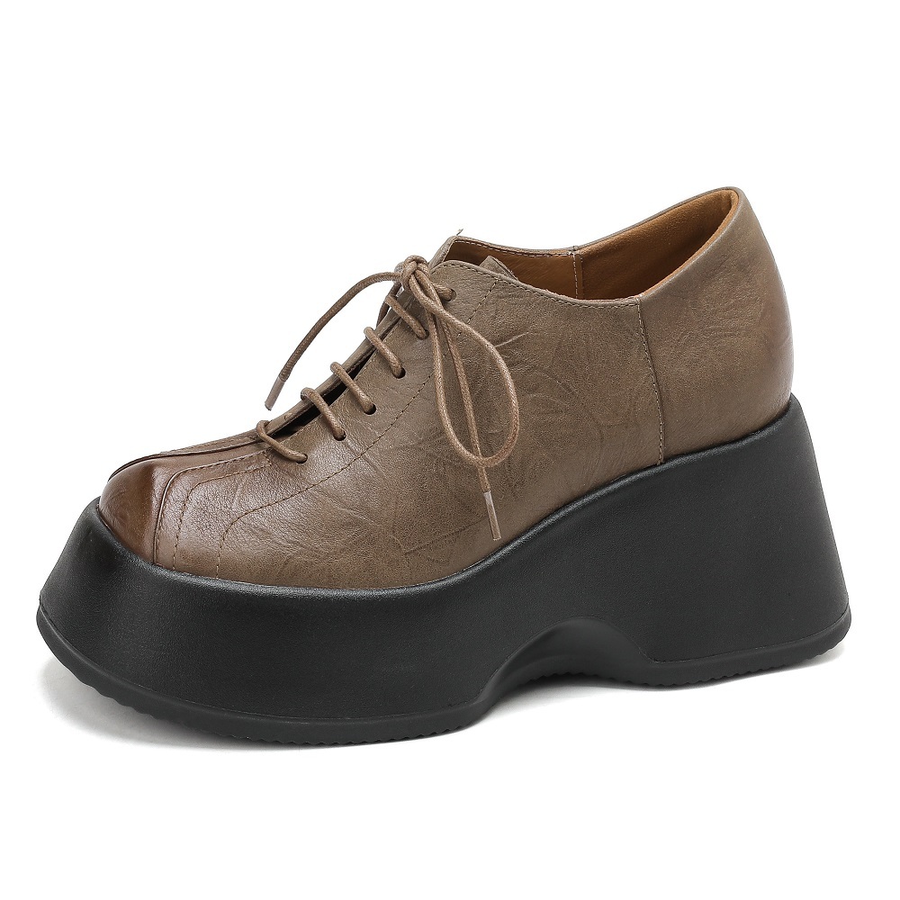 Women's Genuine Leather Lace-up 10 CM Platform Wedge Oxford Shoes Sewn Craft Minimalist Versatile Square Toe Casual Commute Single Shoes 60211