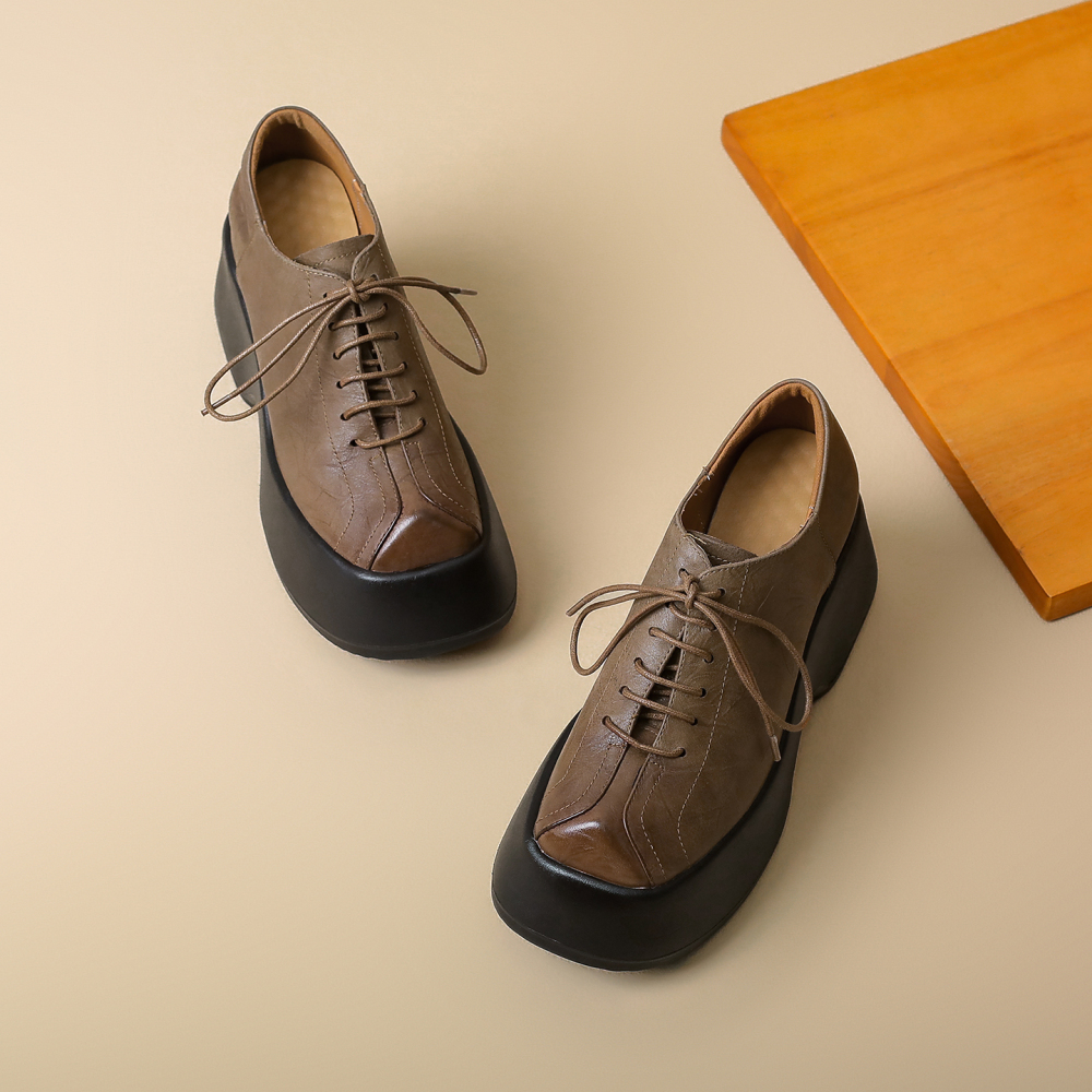 Women's Genuine Leather Lace-up 10 CM Platform Wedge Oxford Shoes Sewn Craft Minimalist Versatile Square Toe Casual Commute Single Shoes 60211