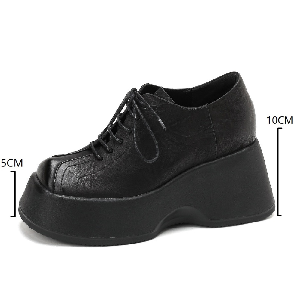 Women's Genuine Leather Lace-up 10 CM Platform Wedge Oxford Shoes Sewn Craft Minimalist Versatile Square Toe Casual Commute Single Shoes 60211