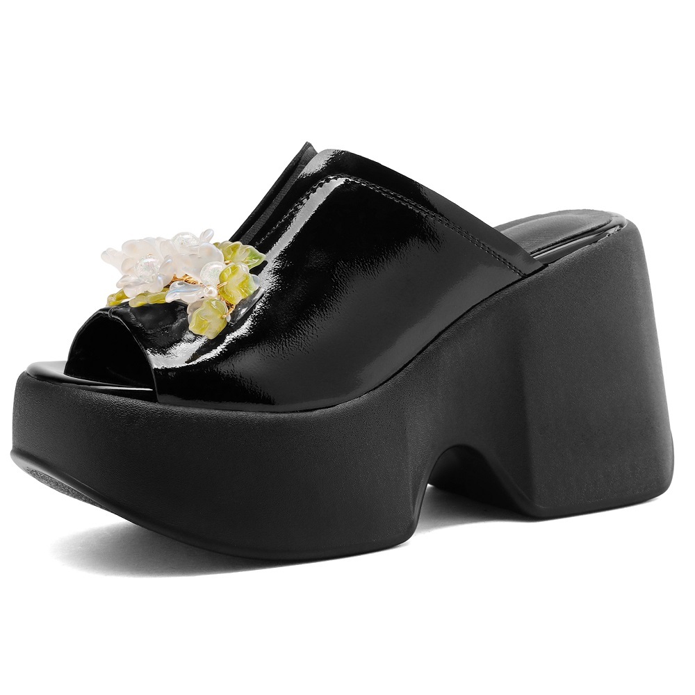 Summer New Slim 10 CM Super High Heels Platform Peep Toe Flowers Pearl Crystals Patent Leather Women Gladiator Fashion Slippers 60211