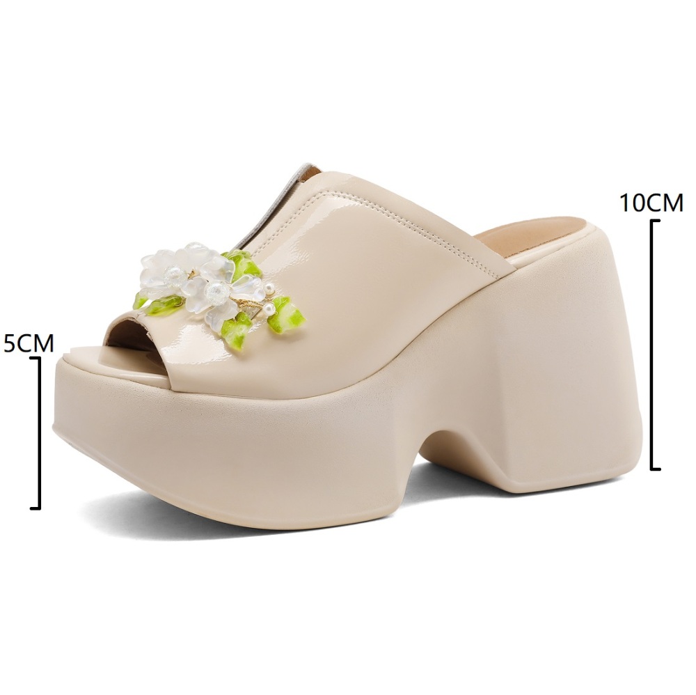 Summer New Slim 10 CM Super High Heels Platform Peep Toe Flowers Pearl Crystals Patent Leather Women Gladiator Fashion Slippers 60211