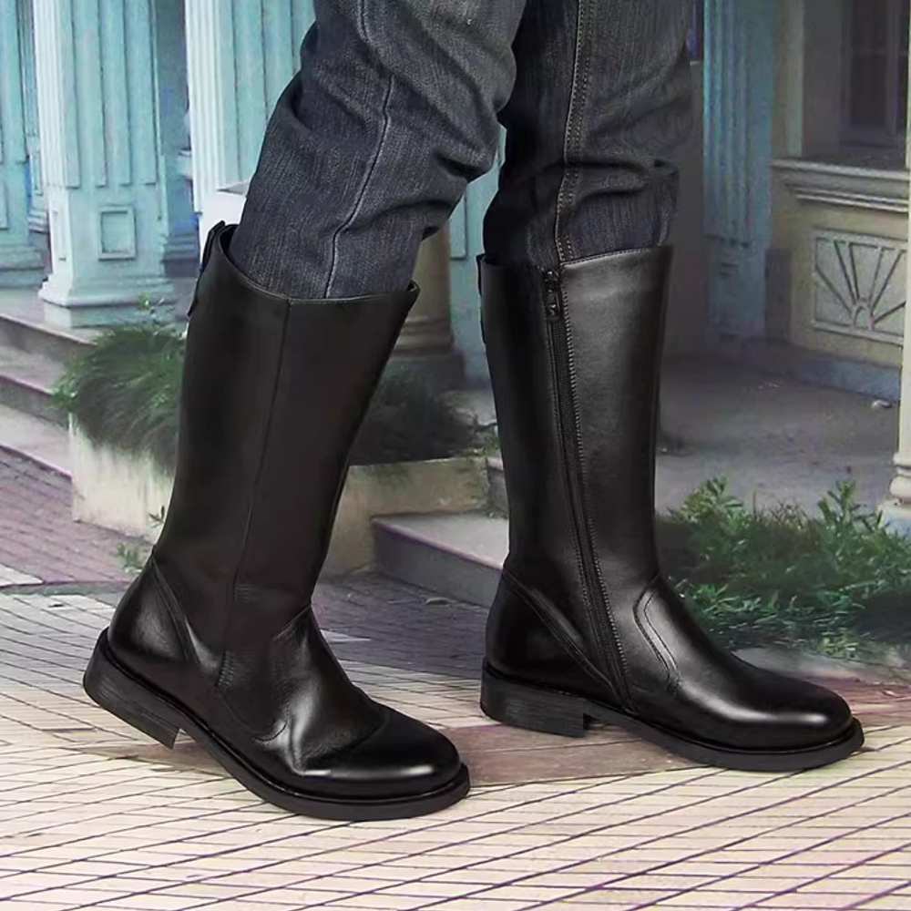 Spring Autumn Genuine Leather Men Knee-High Long Boots Zipper Sewing Winter Short Plush Warm Male Knight Equestrian Boots 60211