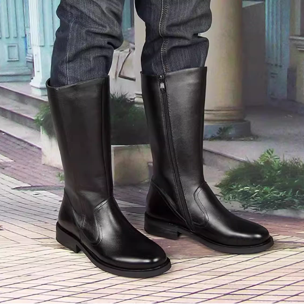 Spring Autumn Genuine Leather Men Knee-High Long Boots Zipper Sewing Winter Short Plush Warm Male Knight Equestrian Boots 60211