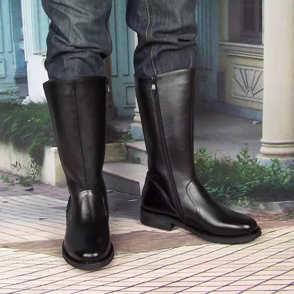 Spring Autumn Genuine Leather Men Knee-High Long Boots Zipper Sewing Winter Short Plush Warm Male Knight Equestrian Boots 60211