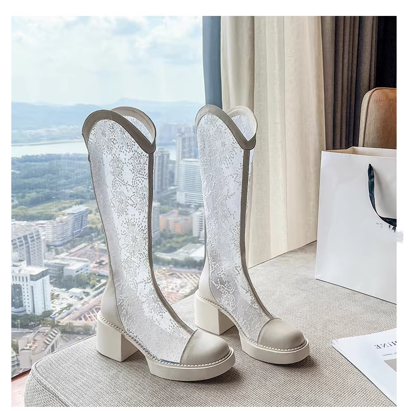 Summer New Fashion Thick High Heels Square Toe Cut-outs Mesh Embroidery Genuine Leather Women Knee-High Long Modern Boots 2302