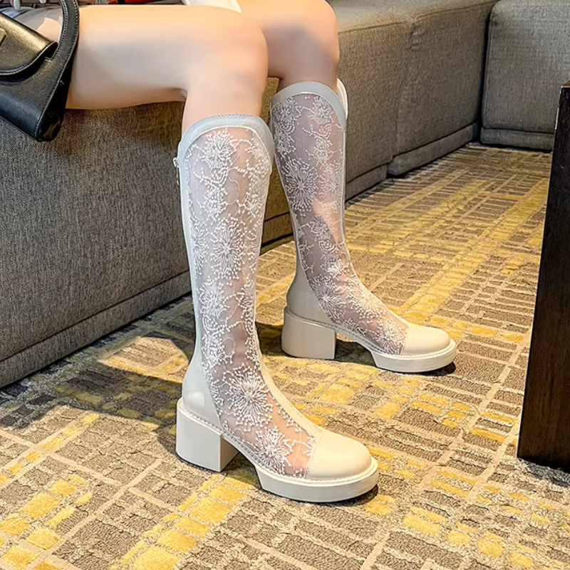 Summer New Fashion Thick High Heels Square Toe Cut-outs Mesh Embroidery Genuine Leather Women Knee-High Long Modern Boots 2302