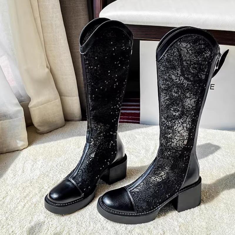 Summer New Fashion Thick High Heels Square Toe Cut-outs Mesh Embroidery Genuine Leather Women Knee-High Long Modern Boots 2302