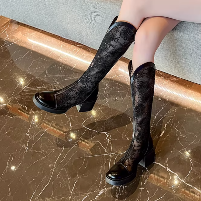 Summer New Fashion Thick High Heels Square Toe Cut-outs Mesh Embroidery Genuine Leather Women Knee-High Long Modern Boots 2302