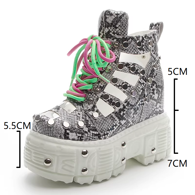 Summer New Slim 12 CM Height Increasing Platform Wedges Lace Up Snake Print Cut out Genuine Leather Rivets Zipper Women Ankle Short Modern Sandal Boots